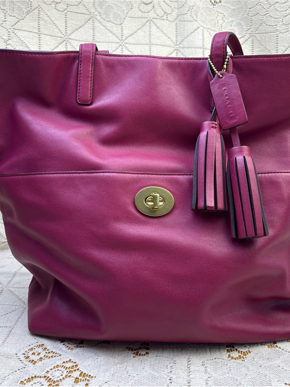 Coach Magenta Leather Tote with Tassel Charm